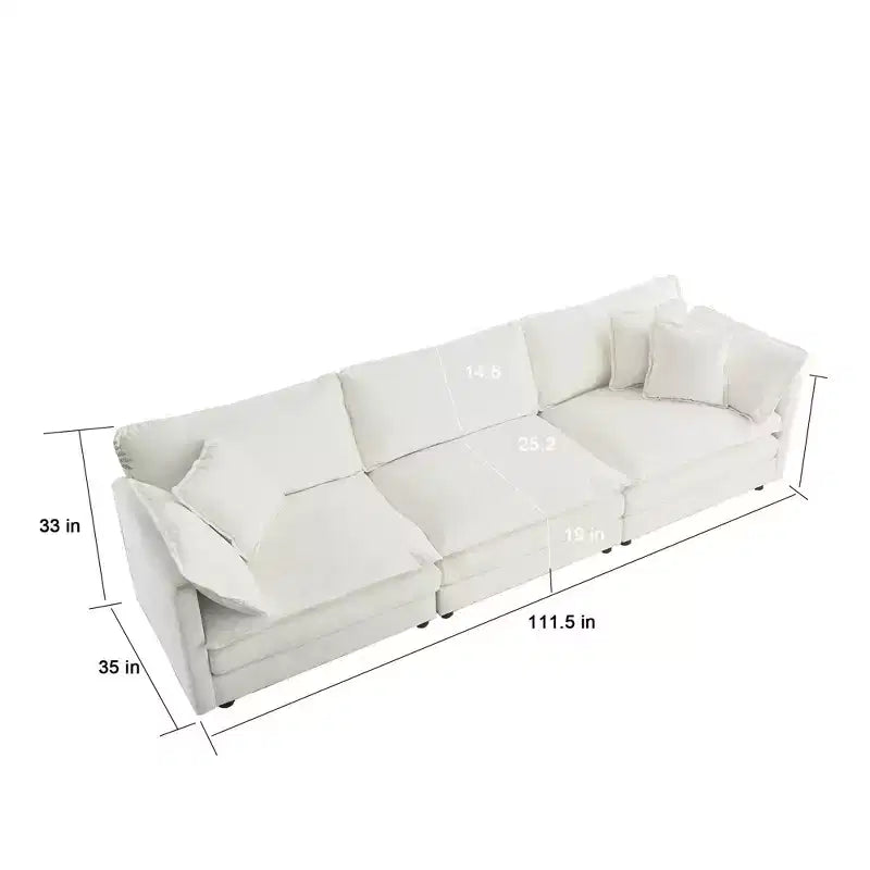 MAYEERTY Canapé de salon 3 places de style moderne du milieu du siècle avec 2 oreillers accoudoirs et 3 coussins décoratifs, couleur blanc