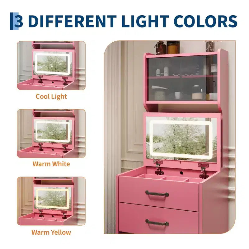 Coiffeuse 3 en 1 avec 3 couleurs de lumière, ensemble de coiffeuse compact avec 2 prises CA et USB, table de maquillage avec tiroirs