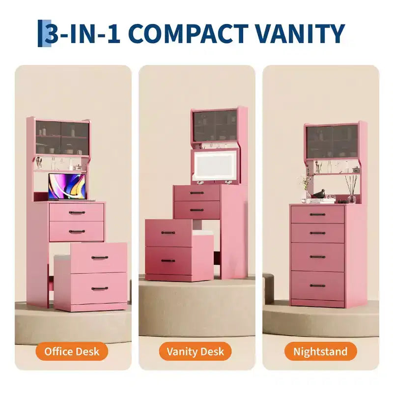 Coiffeuse 3 en 1 avec 3 couleurs de lumière, ensemble de coiffeuse compact avec 2 prises CA et USB, table de maquillage avec tiroirs