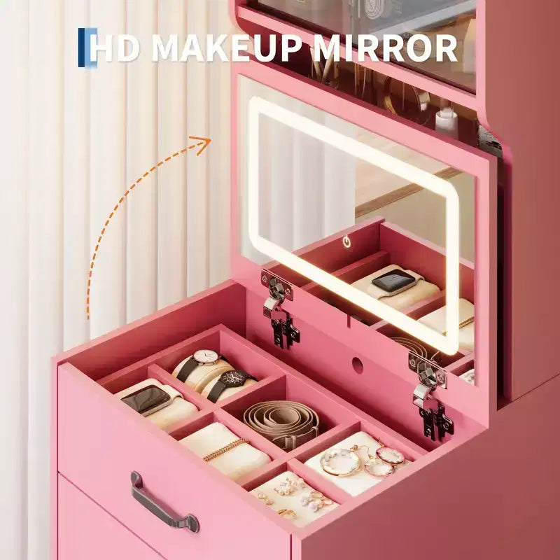 Coiffeuse 3 en 1 avec 3 couleurs de lumière, ensemble de coiffeuse compact avec 2 prises CA et USB, table de maquillage avec tiroirs