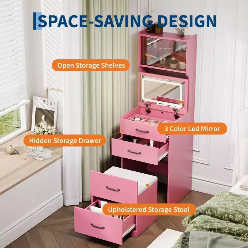 Coiffeuse 3 en 1 avec 3 couleurs de lumière, ensemble de coiffeuse compact avec 2 prises CA et USB, table de maquillage avec tiroirs