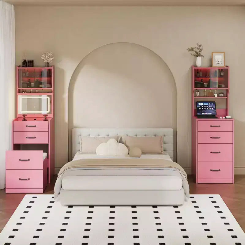 Coiffeuse 3 en 1 avec 3 couleurs de lumière, ensemble de coiffeuse compact avec 2 prises CA et USB, table de maquillage avec tiroirs