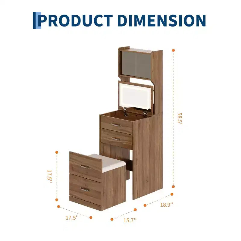Coiffeuse 3 en 1 avec 3 couleurs de lumière, ensemble de coiffeuse compact avec 2 prises CA et USB, table de maquillage avec tiroirs