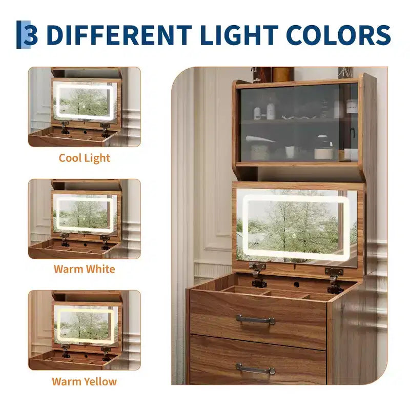 Coiffeuse 3 en 1 avec 3 couleurs de lumière, ensemble de coiffeuse compact avec 2 prises CA et USB, table de maquillage avec tiroirs