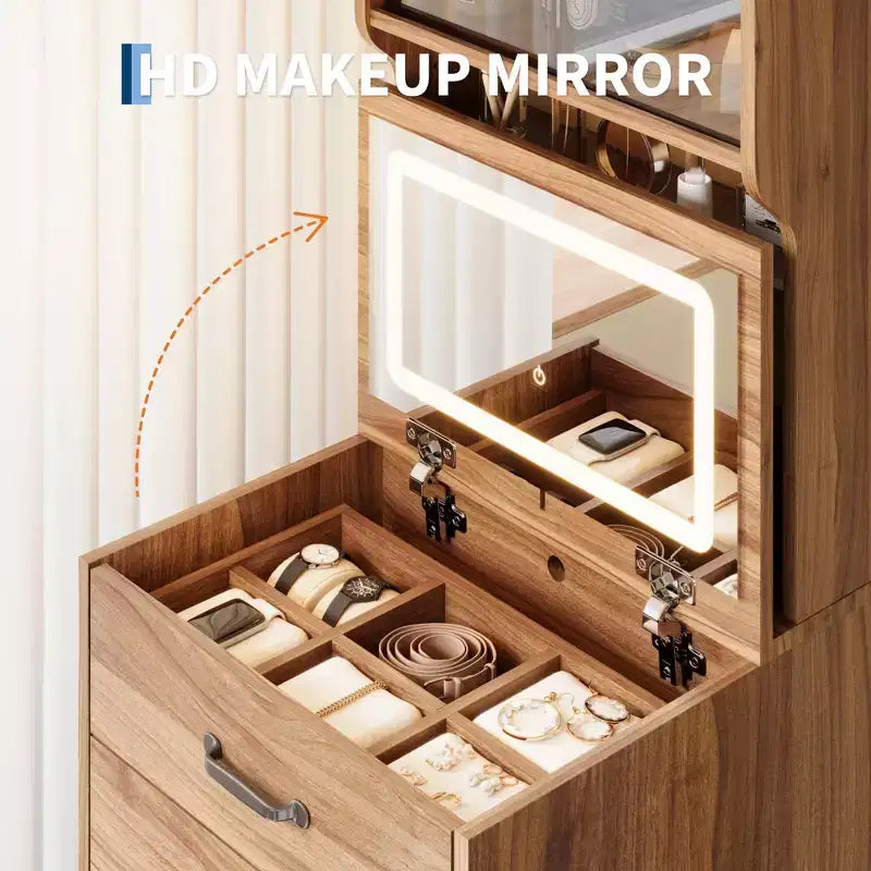 Coiffeuse 3 en 1 avec 3 couleurs de lumière, ensemble de coiffeuse compact avec 2 prises CA et USB, table de maquillage avec tiroirs