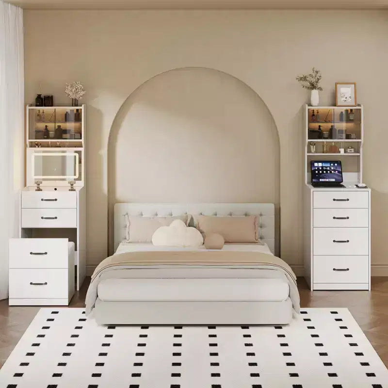 Coiffeuse 3 en 1 avec 3 couleurs de lumière, ensemble de coiffeuse compact avec 2 prises CA et USB, table de maquillage avec tiroirs