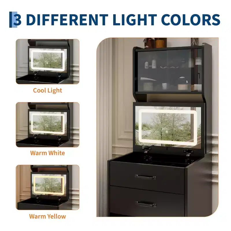 Coiffeuse 3 en 1 avec 3 couleurs de lumière, ensemble de coiffeuse compact avec 2 prises CA et USB, table de maquillage avec tiroirs