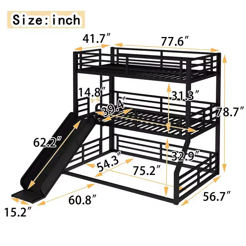 Lit superposé triple Twin XL sur Twin XL sur Twin XL avec toboggan, en métal, avec barrières de sécurité, robuste avec réduction du bruit, noir