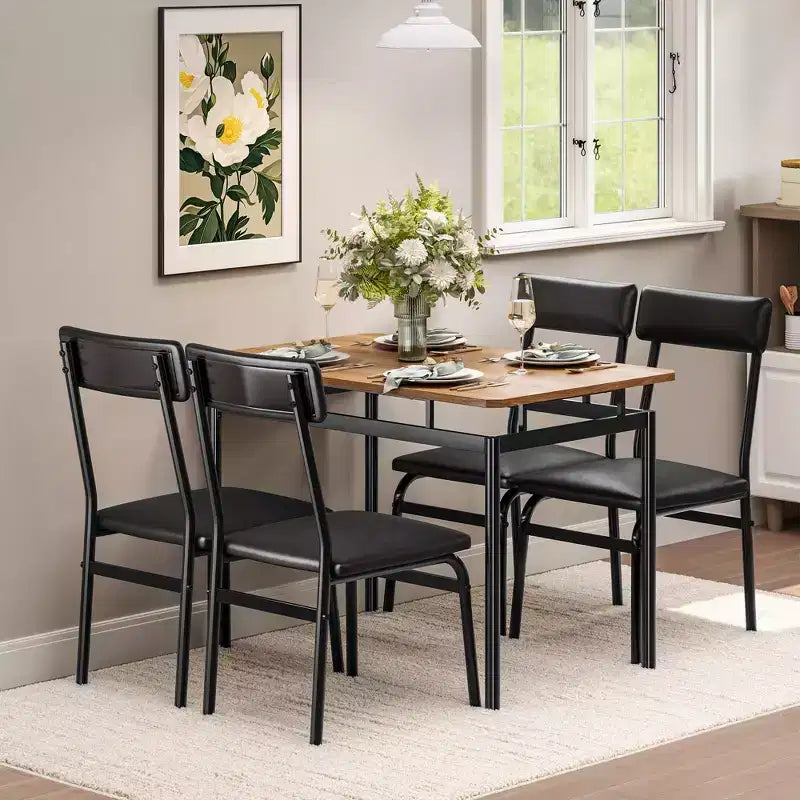 Ensemble de salle à manger industriel 5 pièces, petite table avec chaises rembourrées en PU pour cuisine peu encombrante, noir et marron