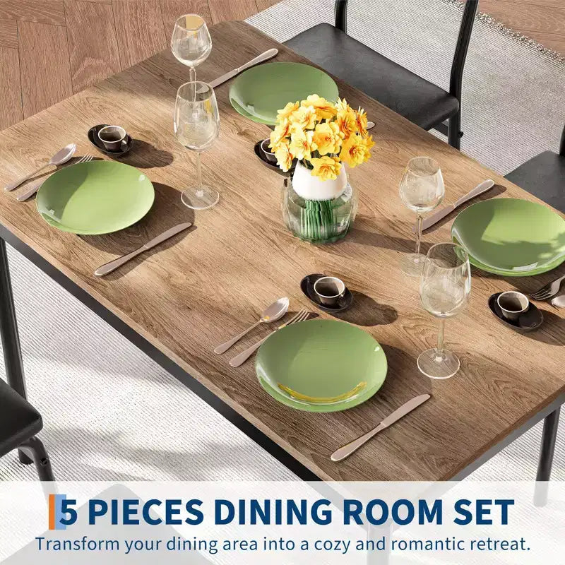 Ensemble de salle à manger industriel 5 pièces, petite table avec chaises rembourrées en PU pour cuisine peu encombrante, noir et marron