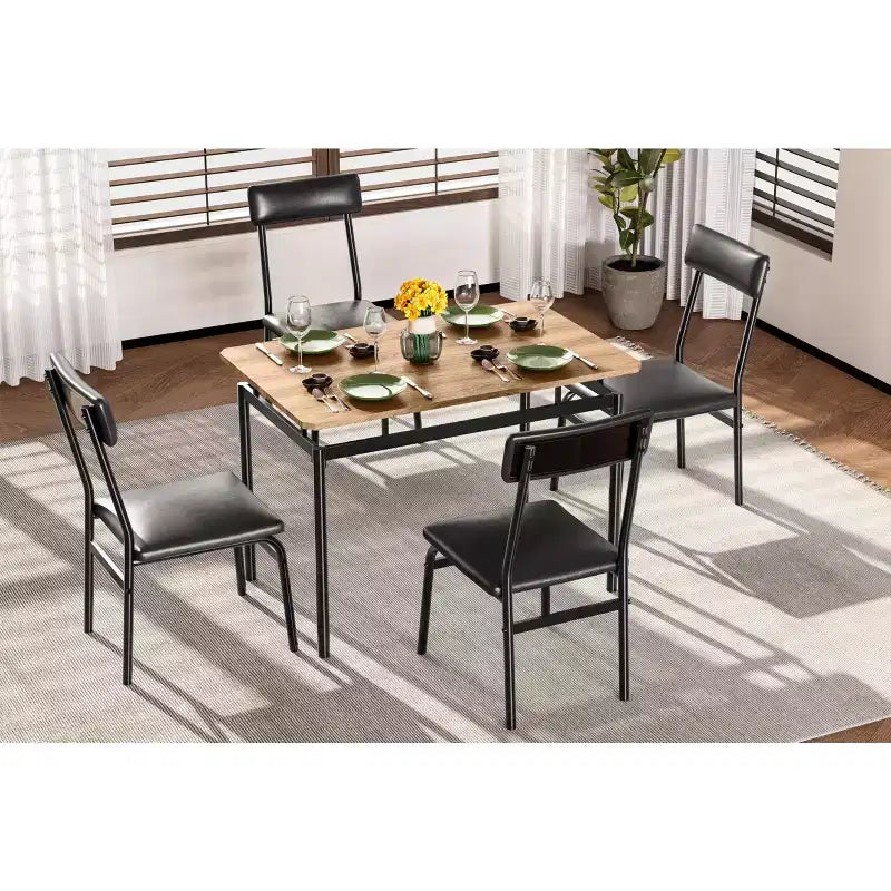 Ensemble de salle à manger industriel 5 pièces, petite table avec chaises rembourrées en PU pour cuisine peu encombrante, noir et marron
