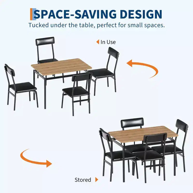 Ensemble de salle à manger industriel 5 pièces, petite table avec chaises rembourrées en PU pour cuisine peu encombrante, noir et marron