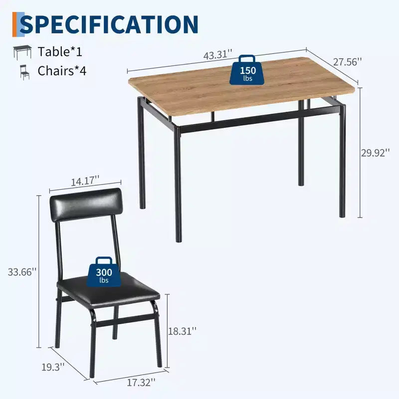 Ensemble de salle à manger industriel 5 pièces, petite table avec chaises rembourrées en PU pour cuisine peu encombrante, noir et marron