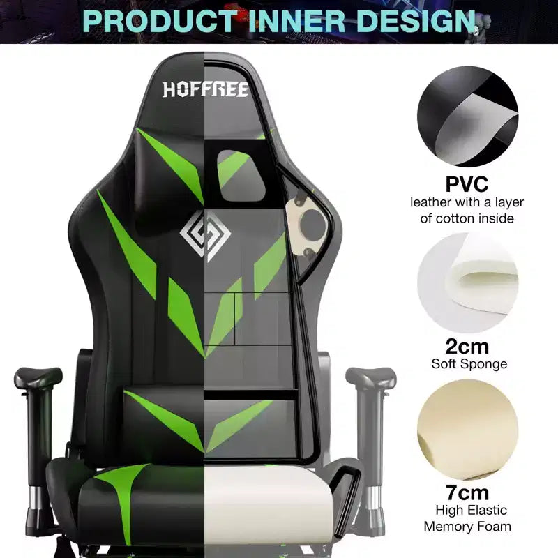 Fauteuil de jeu inclinable de massage Hoffree Chaise de bureau ergonomique pour PC avec haut-parleur Bluetooth et lumière RVB