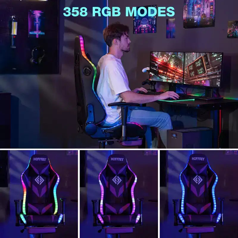 Fauteuil de jeu inclinable de massage Hoffree Chaise de bureau ergonomique pour PC avec haut-parleur Bluetooth et lumière RVB