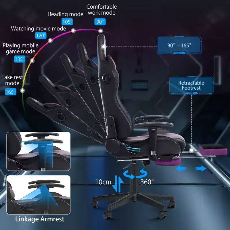 Fauteuil de jeu inclinable de massage Hoffree Chaise de bureau ergonomique pour PC avec haut-parleur Bluetooth et lumière RVB
