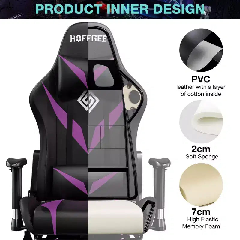 Fauteuil de jeu inclinable de massage Hoffree Chaise de bureau ergonomique pour PC avec haut-parleur Bluetooth et lumière RVB
