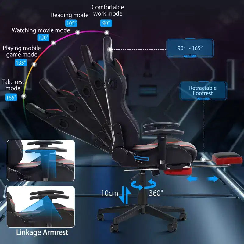 Fauteuil de jeu inclinable de massage Hoffree Chaise de bureau ergonomique pour PC avec haut-parleur Bluetooth et lumière RVB