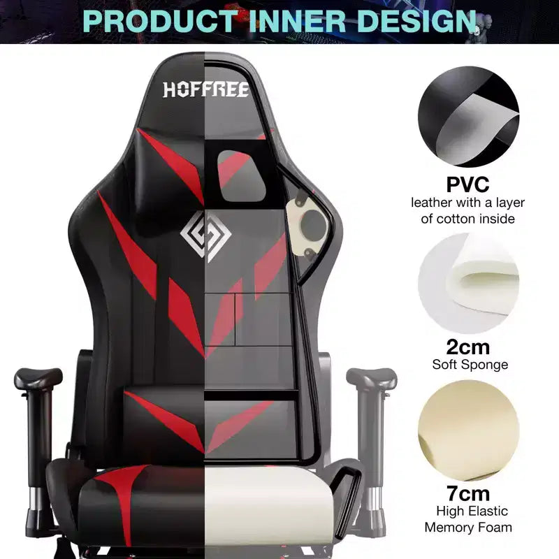 Fauteuil de jeu inclinable de massage Hoffree Chaise de bureau ergonomique pour PC avec haut-parleur Bluetooth et lumière RVB