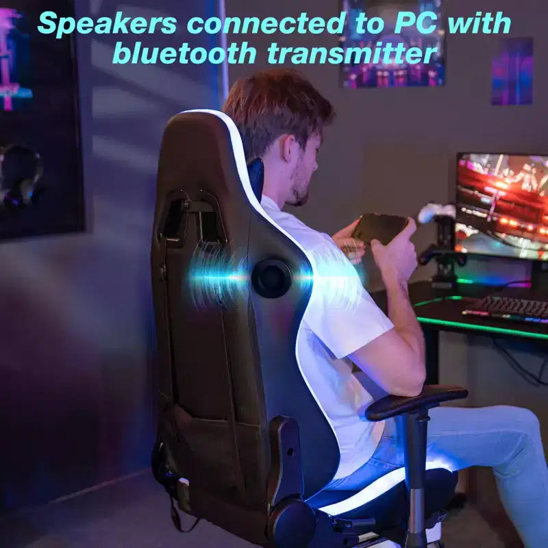 Fauteuil de jeu inclinable de massage Hoffree Chaise de bureau ergonomique pour PC avec haut-parleur Bluetooth et lumière RVB