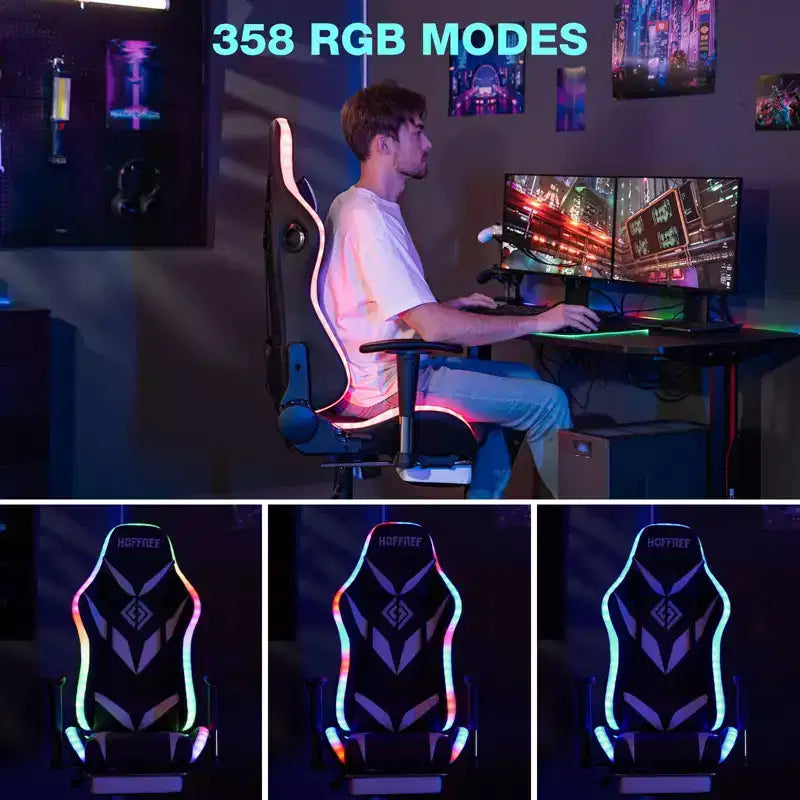 Fauteuil de jeu inclinable de massage Hoffree Chaise de bureau ergonomique pour PC avec haut-parleur Bluetooth et lumière RVB