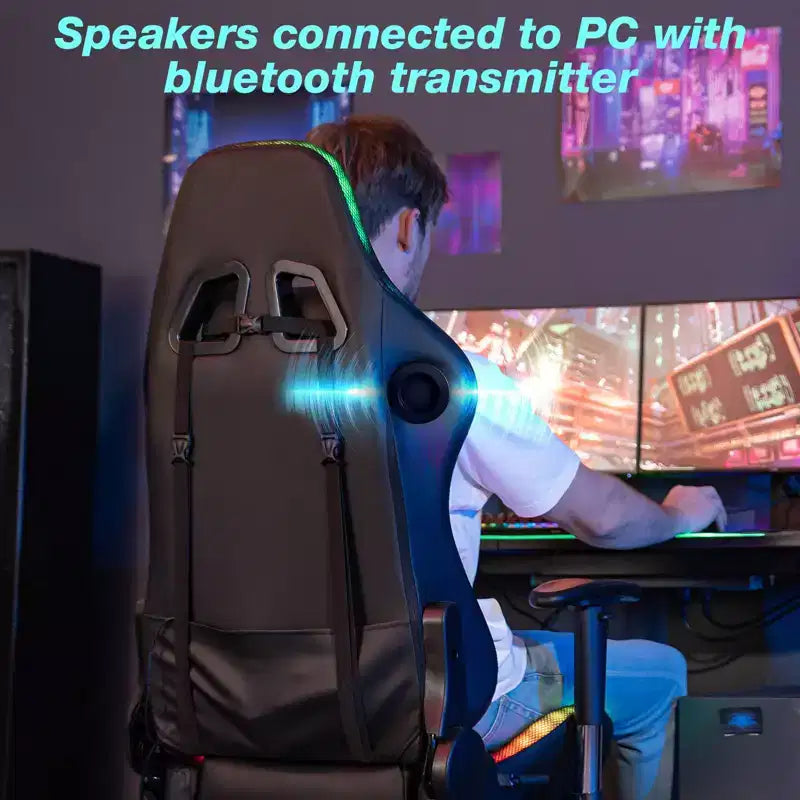 Fauteuil de jeu inclinable de massage Hoffree Chaise de bureau ergonomique pour PC avec haut-parleur Bluetooth et lumière RVB
