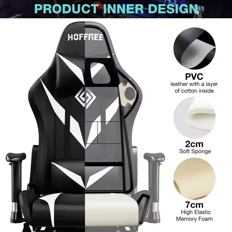 Fauteuil de jeu inclinable de massage Hoffree Chaise de bureau ergonomique pour PC avec haut-parleur Bluetooth et lumière RVB
