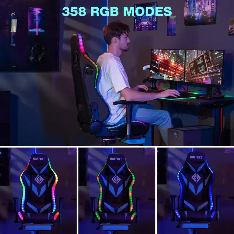 Fauteuil de jeu inclinable de massage Hoffree Chaise de bureau ergonomique pour PC avec haut-parleur Bluetooth et lumière RVB