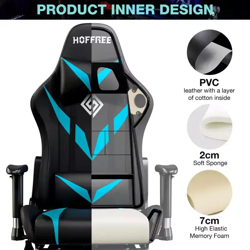 Fauteuil de jeu inclinable de massage Hoffree Chaise de bureau ergonomique pour PC avec haut-parleur Bluetooth et lumière RVB