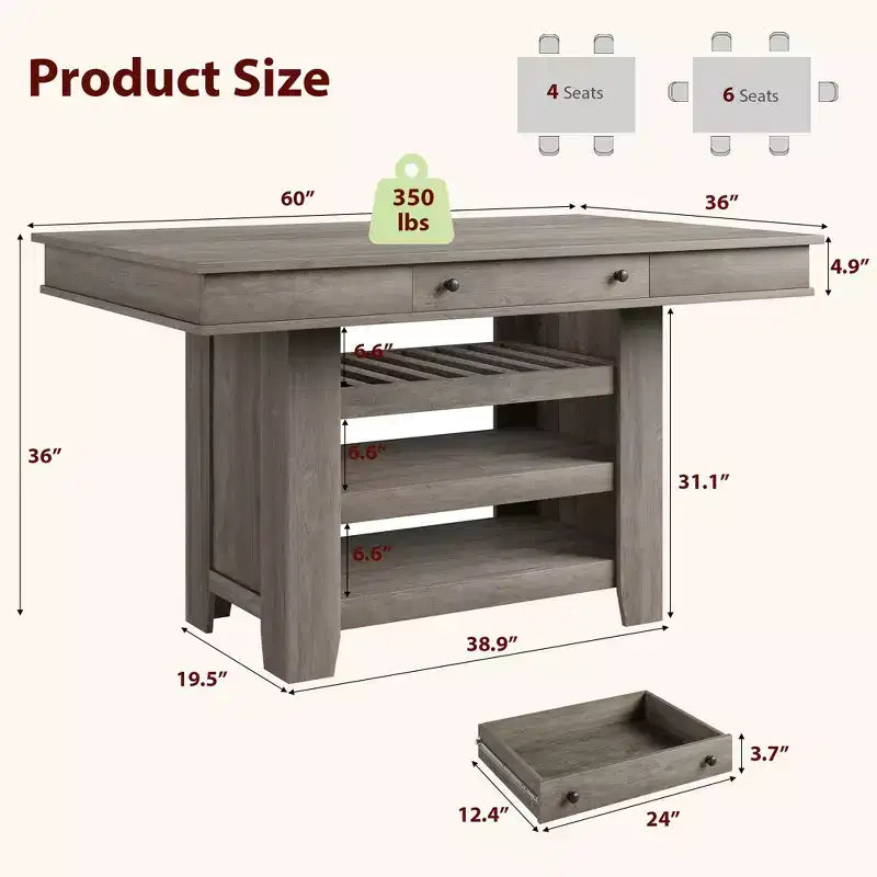 Table à manger en bois hauteur comptoir 60'' pour 4-6 personnes, îlot de cuisine avec casier à vin et 2 tiroirs, table de desserte à 4 niveaux pour salle à manger et cuisine