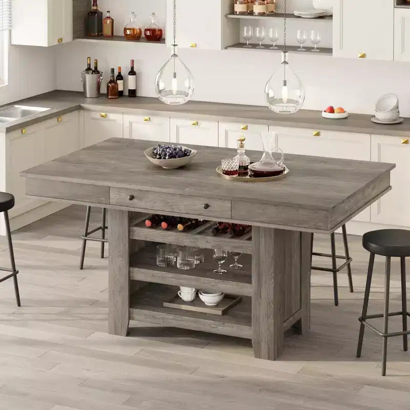 Table à manger en bois hauteur comptoir 60'' pour 4-6 personnes, îlot de cuisine avec casier à vin et 2 tiroirs, table de desserte à 4 niveaux pour salle à manger et cuisine