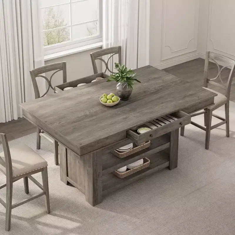 Table à manger en bois hauteur comptoir 60'' pour 4-6 personnes, îlot de cuisine avec casier à vin et 2 tiroirs, table de desserte à 4 niveaux pour salle à manger et cuisine