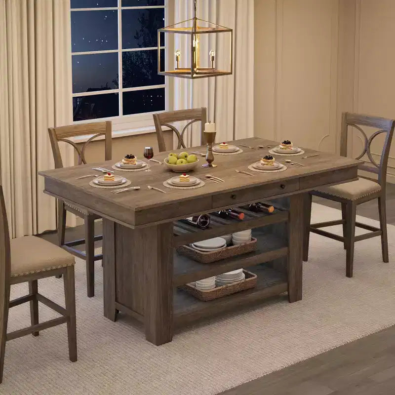 Table à manger en bois hauteur comptoir 60'' pour 4-6 personnes, îlot de cuisine avec casier à vin et 2 tiroirs, table de desserte à 4 niveaux pour salle à manger et cuisine