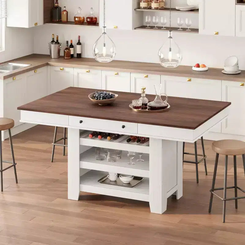 Table à manger en bois hauteur comptoir 60'' pour 4-6 personnes, îlot de cuisine avec casier à vin et 2 tiroirs, table de desserte à 4 niveaux pour salle à manger et cuisine