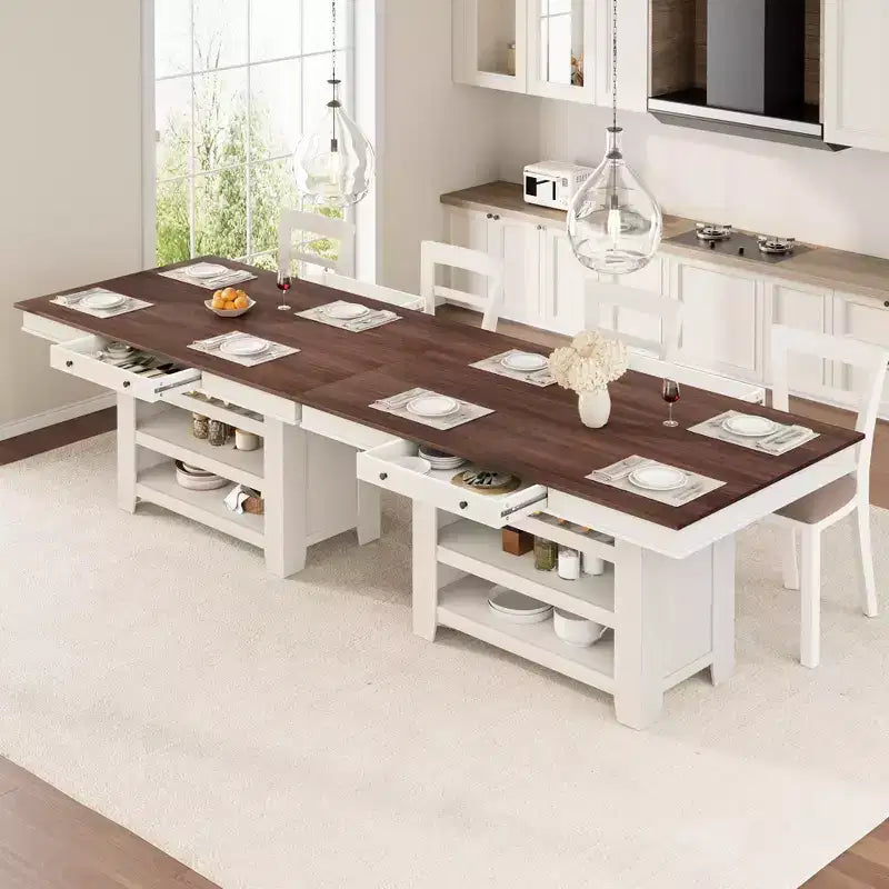 Table à manger en bois hauteur comptoir 60'' pour 4-6 personnes, îlot de cuisine avec casier à vin et 2 tiroirs, table de desserte à 4 niveaux pour salle à manger et cuisine