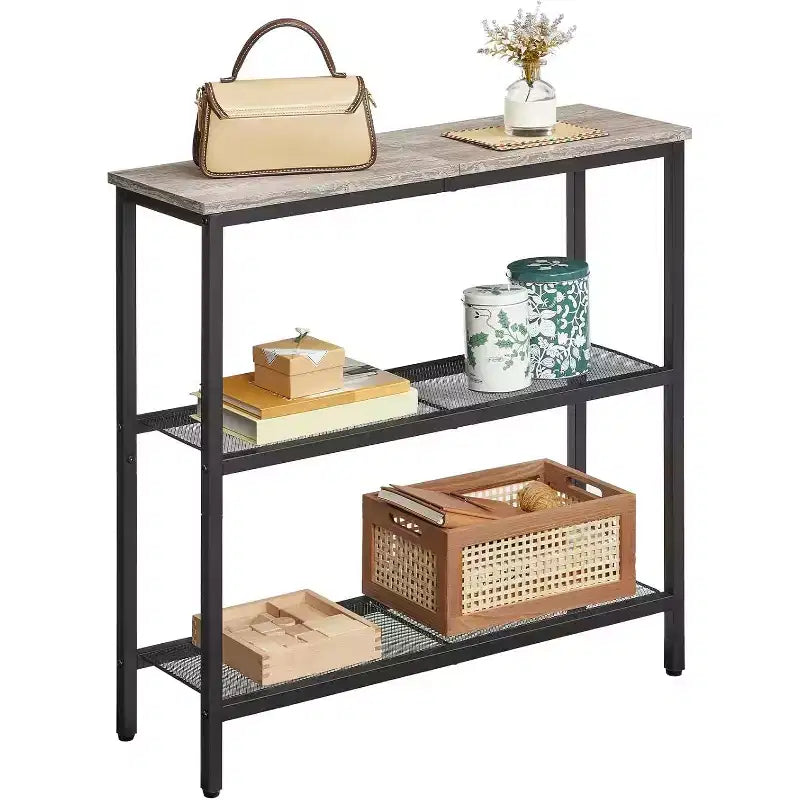 ACOINEL 29.5 Table console étroite, Table d'entrée/de bout de canapé à 3 niveaux avec étagères de rangement, Table de présentation fine Greige et Noir