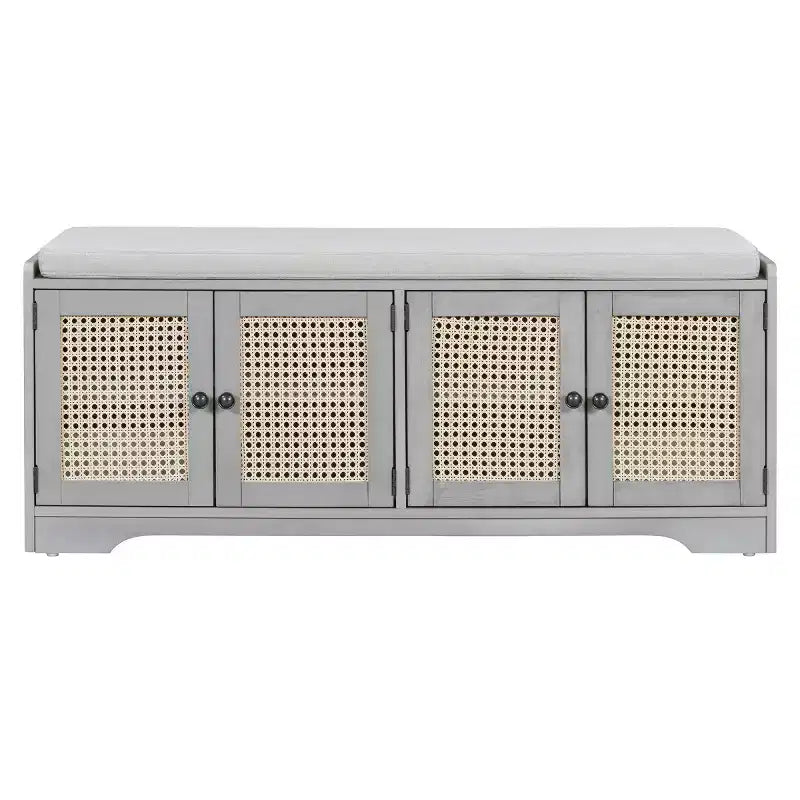 Banc d'entrée rustique en rotin avec rangement, banc à chaussures d'entrée avec coussin amovible pour couloir ou salon-Panipeachy