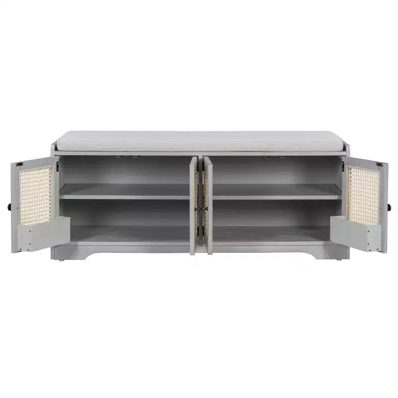 Banc d'entrée rustique en rotin avec rangement, banc à chaussures d'entrée avec coussin amovible pour couloir ou salon-Panipeachy