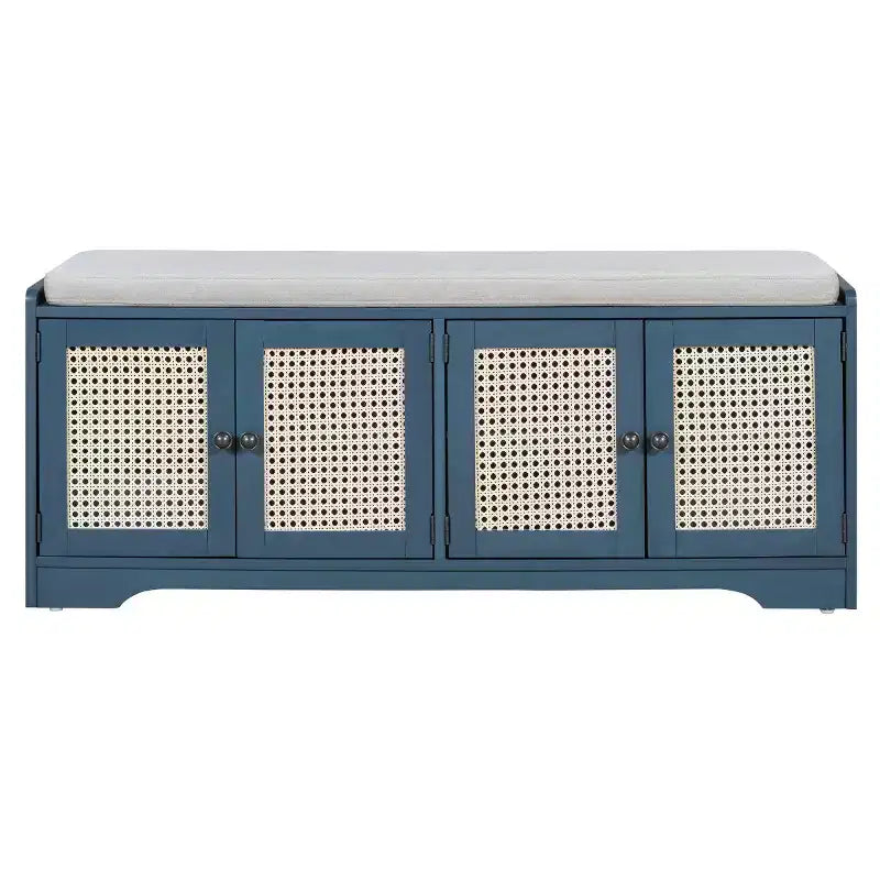 Banc d'entrée rustique en rotin avec rangement, banc à chaussures d'entrée avec coussin amovible pour couloir ou salon-Panipeachy