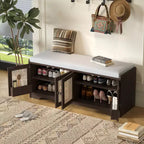 Banc d'entrée rustique en rotin avec rangement, banc à chaussures d'entrée avec coussin amovible pour couloir ou salon-Panipeachy
