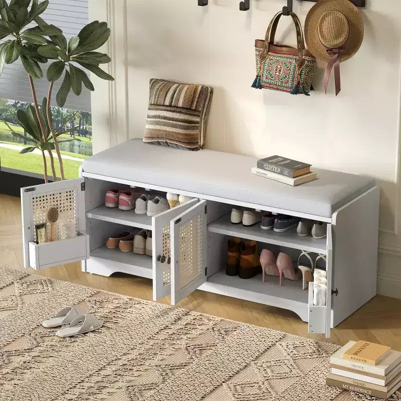 Banc d'entrée rustique en rotin avec rangement, banc à chaussures d'entrée avec coussin amovible pour couloir ou salon-Panipeachy