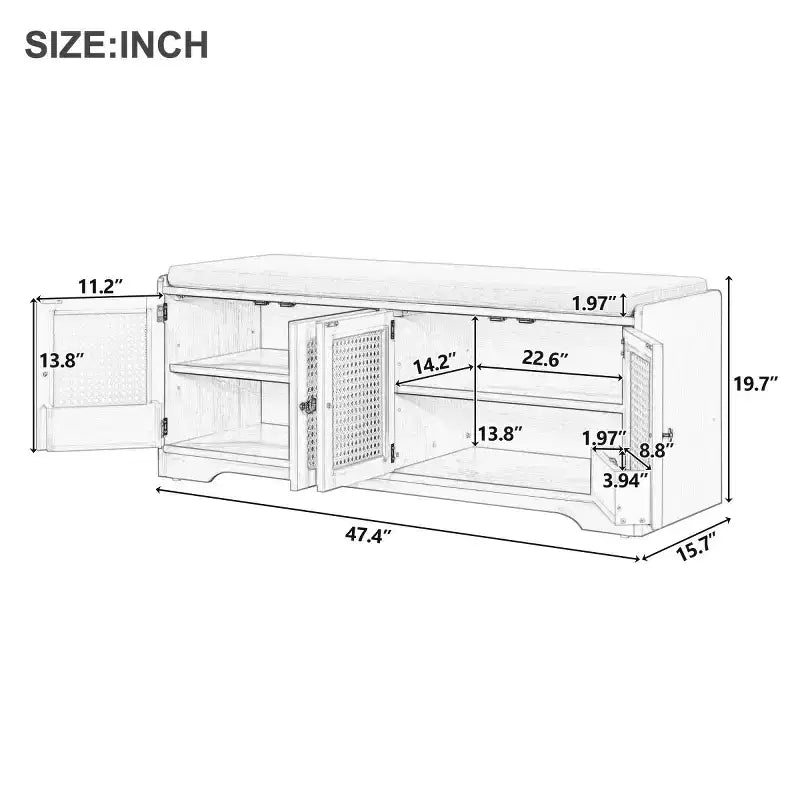 Banc d'entrée rustique en rotin avec rangement, banc à chaussures d'entrée avec coussin amovible pour couloir ou salon-Panipeachy