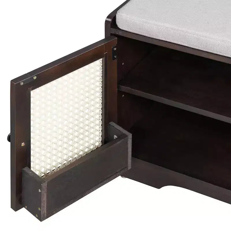 Banc d'entrée rustique en rotin avec rangement, banc à chaussures d'entrée avec coussin amovible pour couloir ou salon-Panipeachy