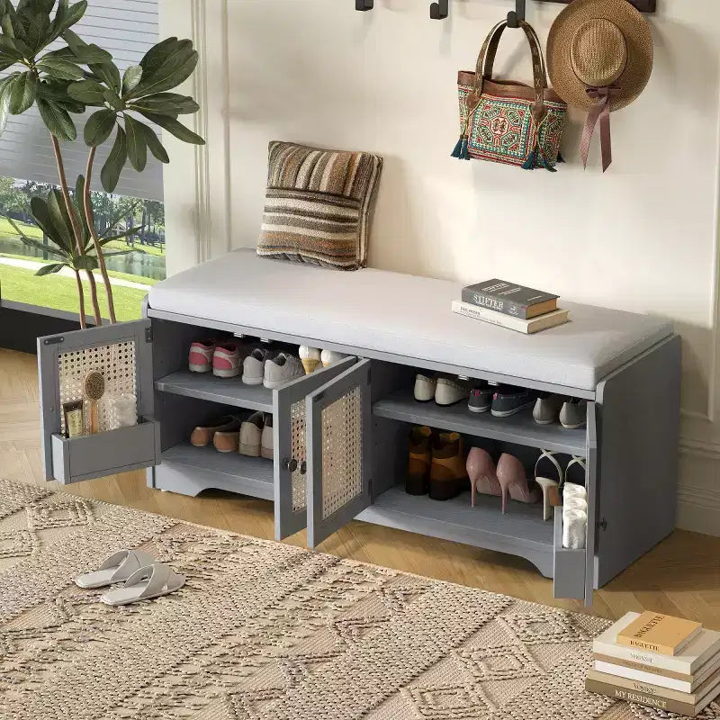 Banc d'entrée rustique en rotin avec rangement, banc à chaussures d'entrée avec coussin amovible pour couloir ou salon-Panipeachy