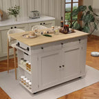 Îlot de cuisine mobile de 120 cm avec plan de travail à abattant, station de recharge, desserte de cuisine roulante avec étagères coulissantes, tiroirs, porte-épices