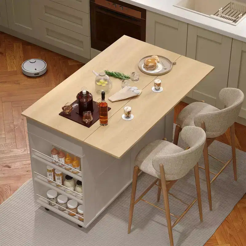 Îlot de cuisine mobile de 120 cm avec plan de travail à abattant, station de recharge, desserte de cuisine roulante avec étagères coulissantes, tiroirs, porte-épices