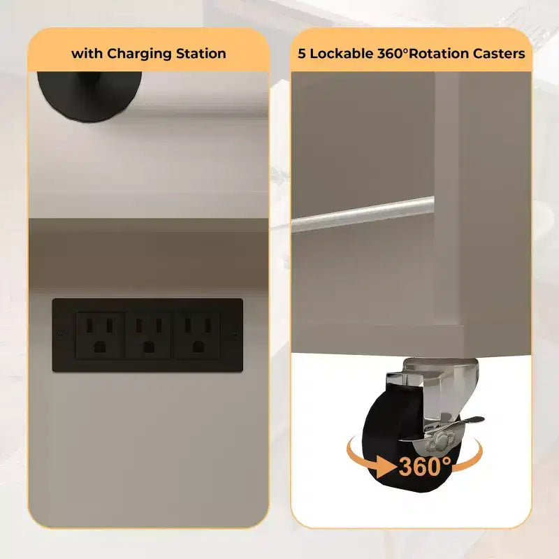 Îlot de cuisine mobile de 120 cm avec plan de travail à abattant, station de recharge, desserte de cuisine roulante avec étagères coulissantes, tiroirs, porte-épices