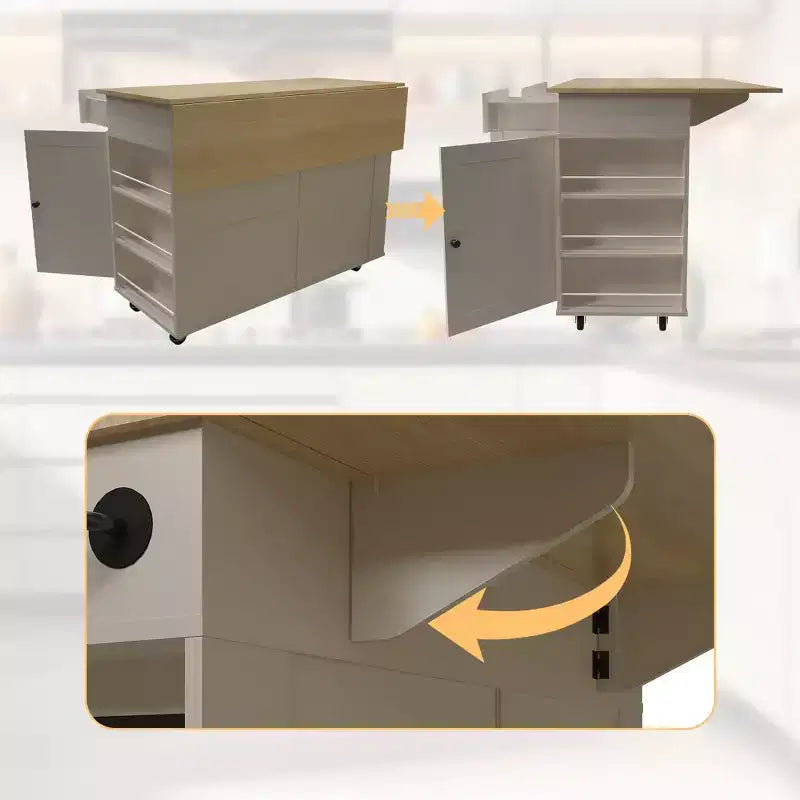 Îlot de cuisine mobile de 120 cm avec plan de travail à abattant, station de recharge, desserte de cuisine roulante avec étagères coulissantes, tiroirs, porte-épices