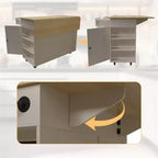 Îlot de cuisine mobile de 120 cm avec plan de travail à abattant, station de recharge, desserte de cuisine roulante avec étagères coulissantes, tiroirs, porte-épices