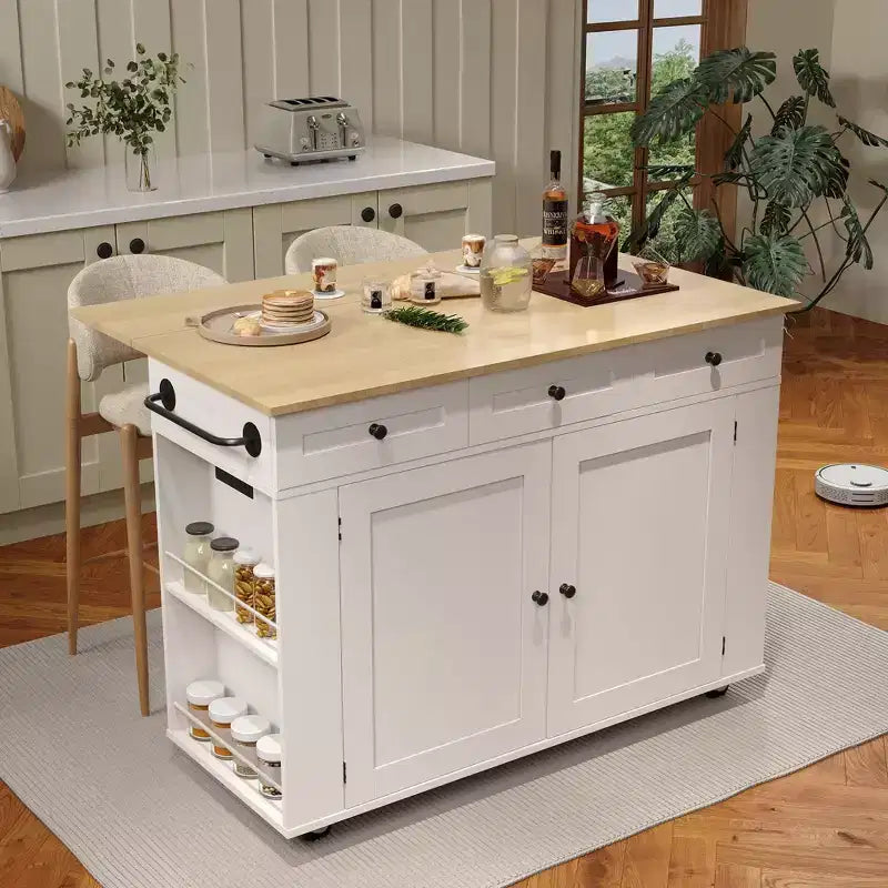 Îlot de cuisine mobile de 120 cm avec plan de travail à abattant, station de recharge, desserte de cuisine roulante avec étagères coulissantes, tiroirs, porte-épices